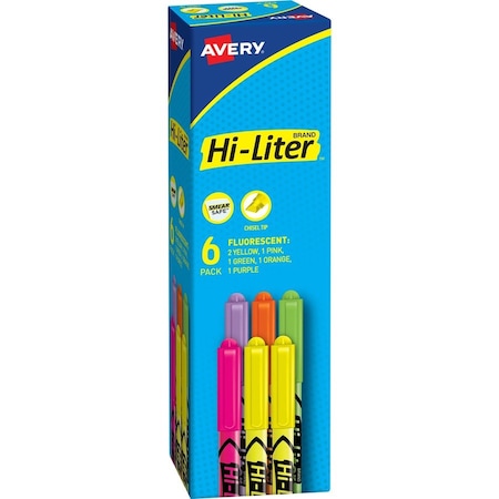 Highlighters, Pen Style, Smear Safe, Chisel Point, 6/PK, AST 6PK